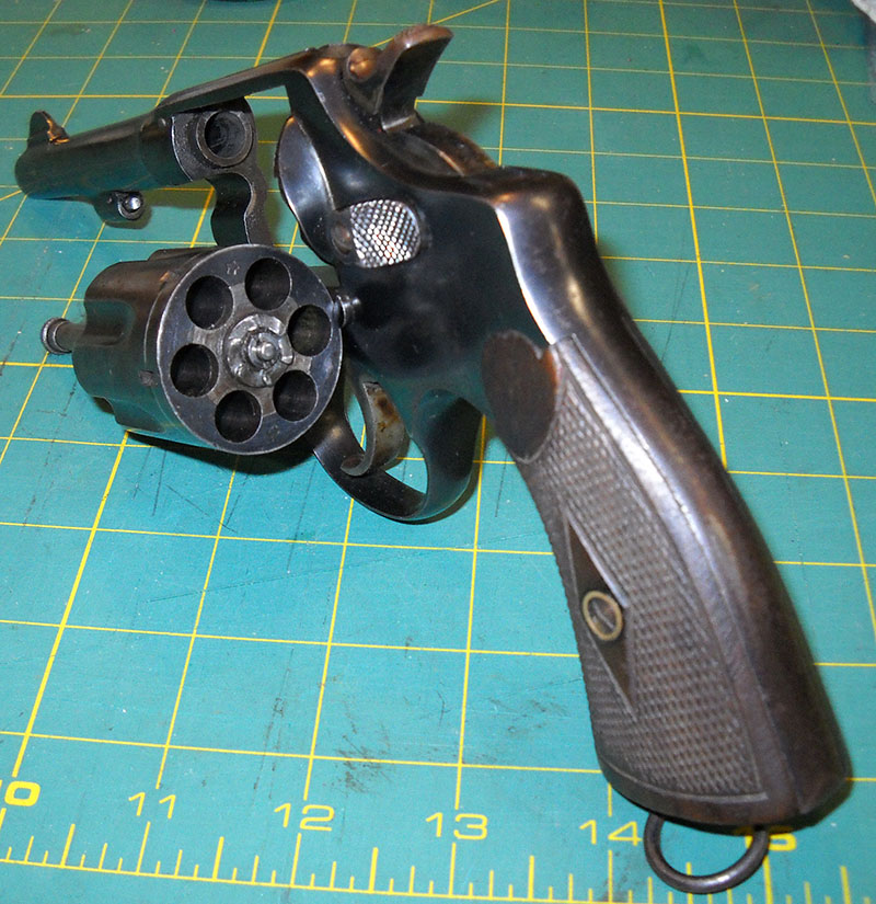 detail shot, left rear three-quarter on TAC revolver with cylinder open